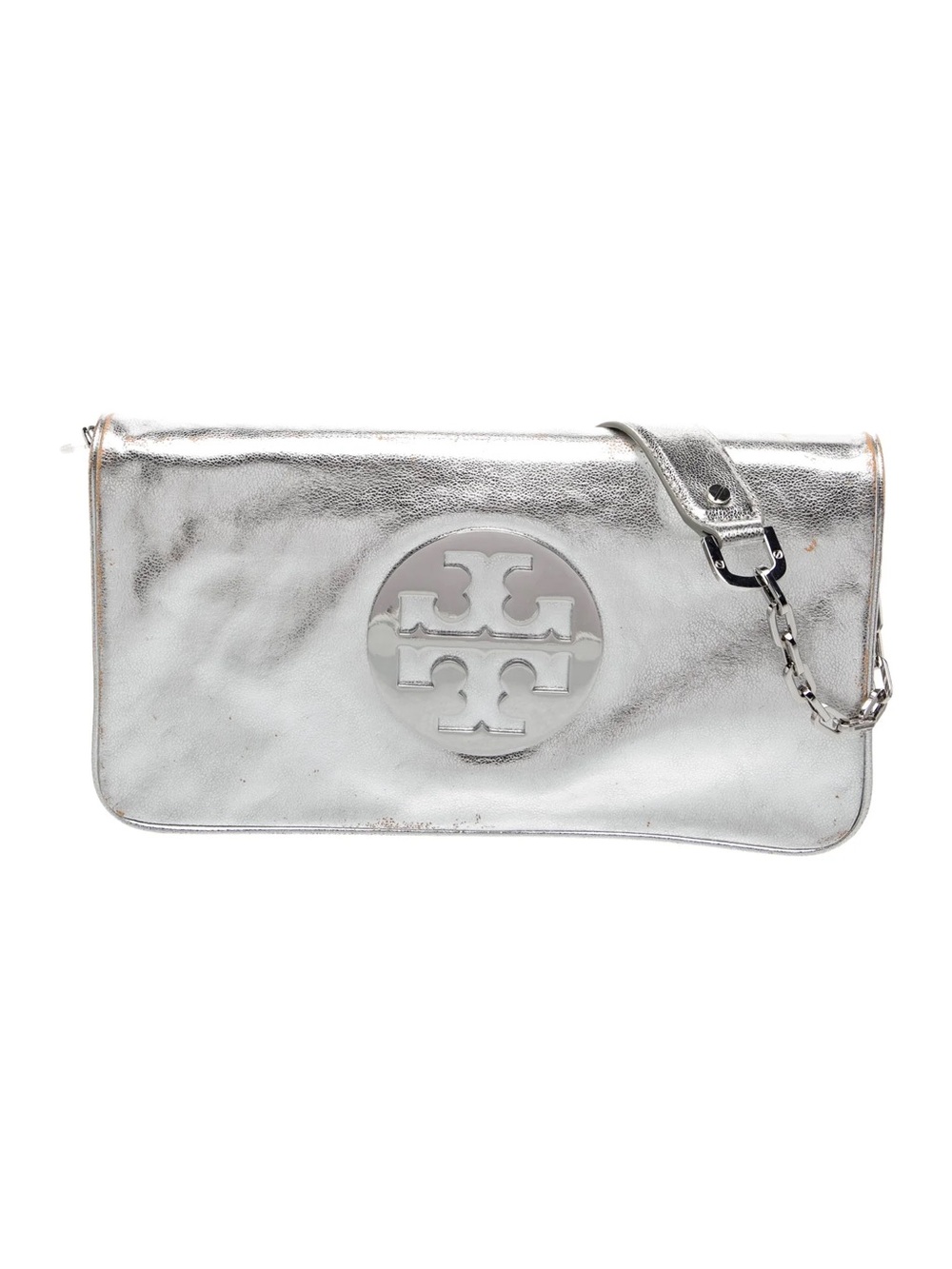 Tory Burch Metallic Silver Logo Chain Wristlet Clutch
